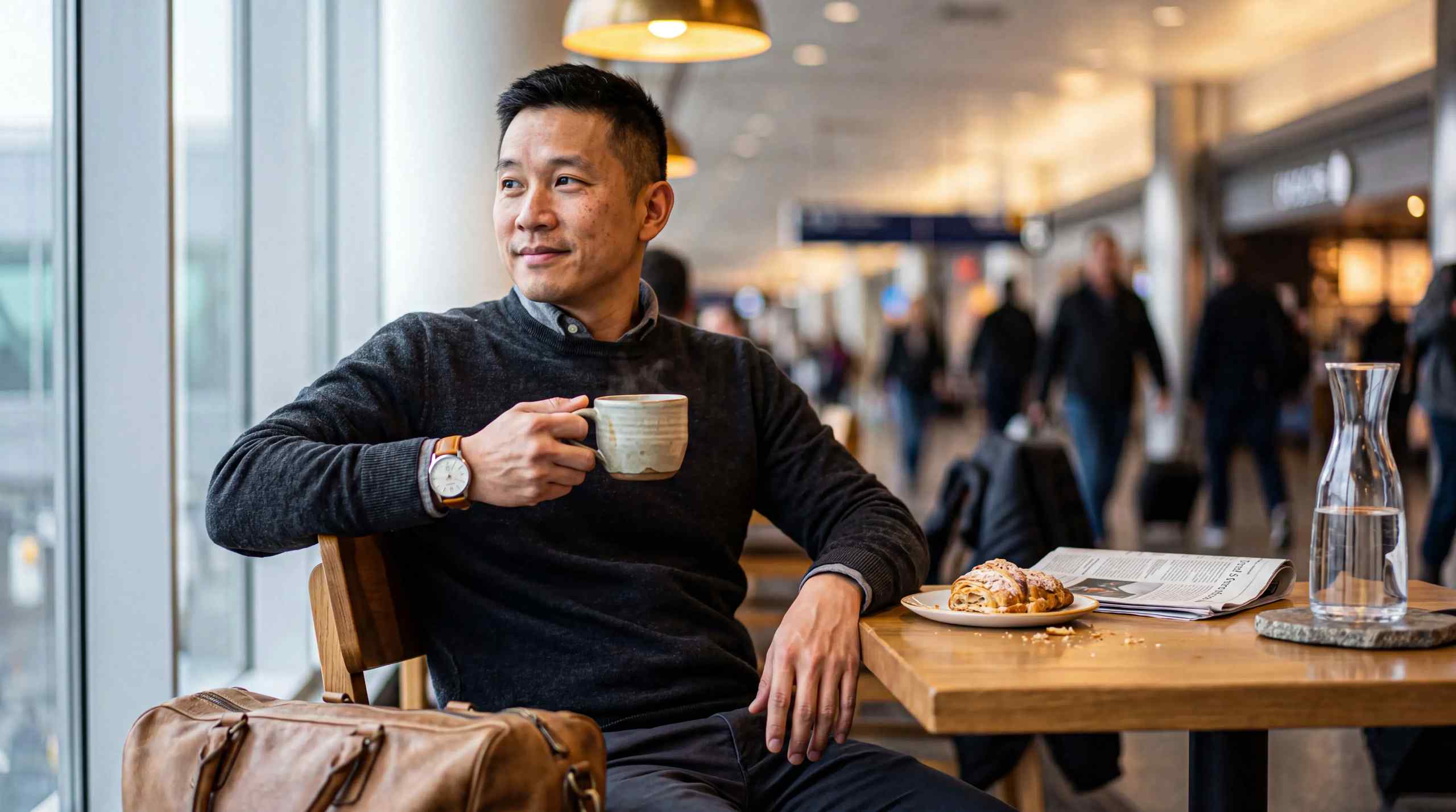 A man relaxes while drinking a coffee at an airport.